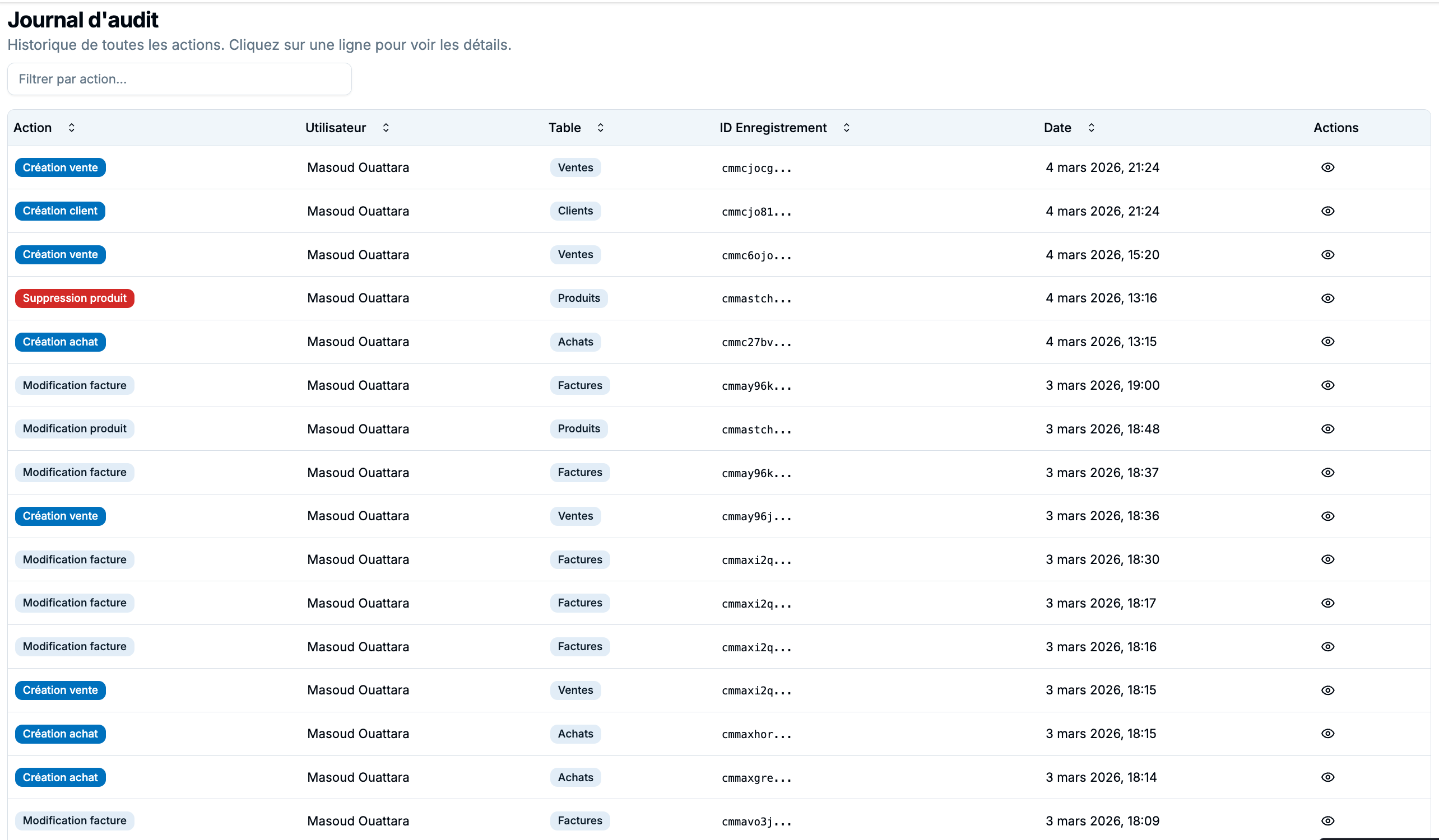 Apercu du journal d'audit SynkaPOS