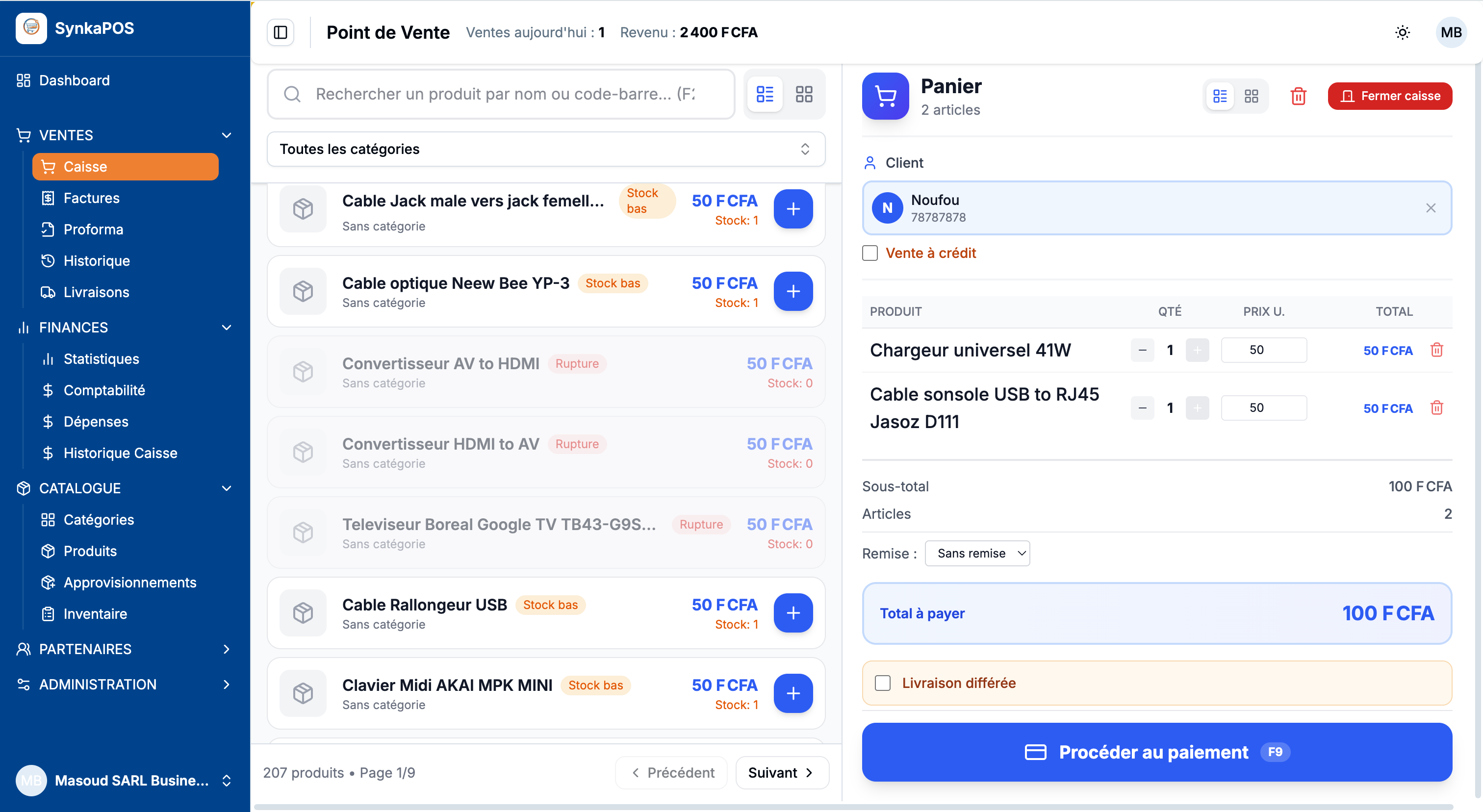 SynkaPOS - Interface point de vente avec panier, gestion clients et paiements